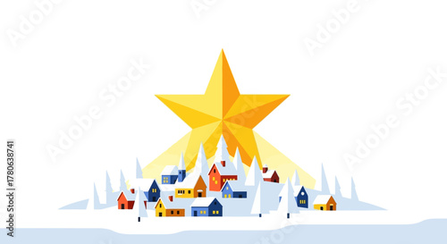 A stylized winter village under a radiant star featuring colorful houses and snowcovered trees