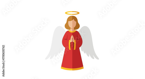 An angel with wings brown hair a red dress and a golden halo is centered on a white background