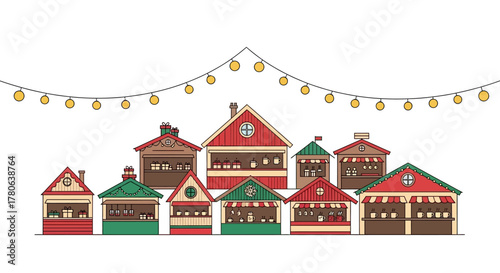 Booths line up under a strand of lights selling gifts and refreshments