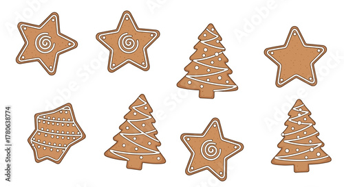 Assorted gingerbread cookies stars  Christmas trees with white icing designs