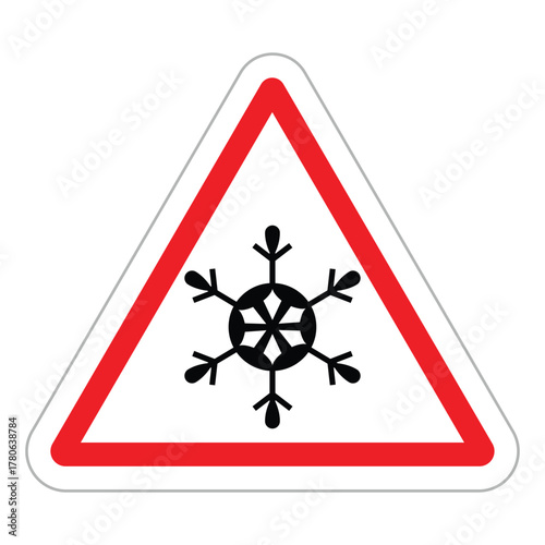 Warning triangle road sign. White background with a thick red border frames a black snowflake icon. Vector symbol for ice, frost, low temperature, or adverse winter road conditions. Flat, minimal desi
