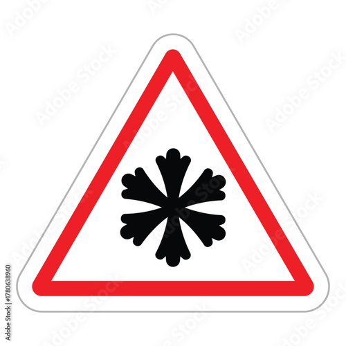 Warning triangle road sign. White background with a thick red border frames a black snowflake icon. Vector symbol for ice, frost, low temperature, or adverse winter road conditions. Flat, minimal desi