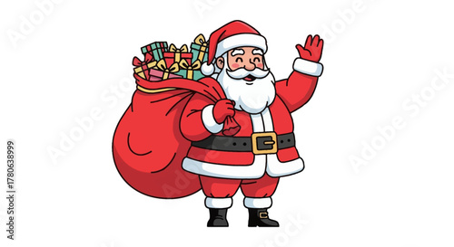 Cartoon Santa waves laden with a sack full of gifts