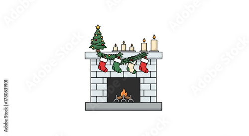 Decorated brick fireplace with stockings candles garland small Christmas tree and burning fire