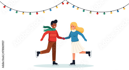 Couple figure skates holding hands under festive lights enjoying winter