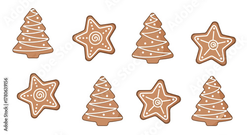 Eight gingerbread cookies trees and stars decorated with white icing arranged on a white background