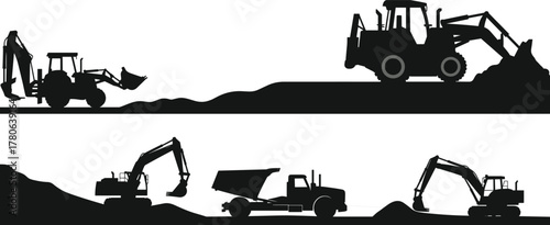 Construction vehicles, excavators, backhoe loaders, dump truck, earth-moving, heavy machinery, silhouette, industrial equipment, dirt work, site operation, digging, loading, hauling, construction
