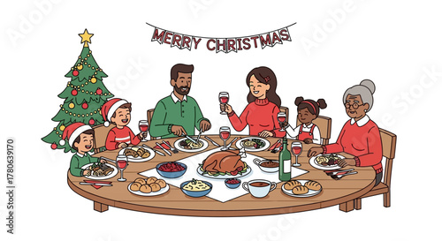 Family celebrates Christmas with a feast around a circular table