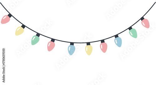 Garland of colorful light bulbs on a black wire curving downwards