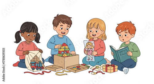 Four kids sit on the floor playing with toys and reading a book