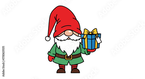 Gnome holds a gift wearing a red hat and green outfit