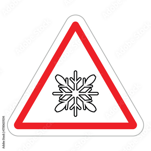 Warning triangle road sign. White background with a thick red border frames a black snowflake icon. Vector symbol for ice, frost, low temperature, or adverse winter road conditions. Flat, minimal desi