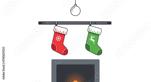 Holiday scene A fireplace with two stockings one red with snowflake one green with deer  hanging ornament