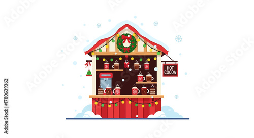 Hot cocoa stand under a red roof adorned with holiday decorations and festive lights