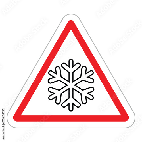 Warning triangle road sign. White background with a thick red border frames a black snowflake icon. Vector symbol for ice, frost, low temperature, or adverse winter road conditions. Flat, minimal desi
