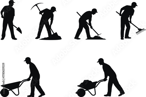 Construction workers performing manual labor tasks with shovel, pickaxe, rake and wheelbarrow, outdoor work, teamwork, physical effort, occupation silhouettes