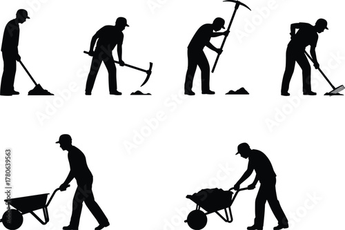 Construction workers silhouette, manual labor, shovel, pickaxe, rake, wheelbarrow, industrial effort, teamwork, outdoor work, black figures, vector illustration