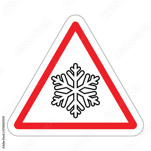Warning triangle road sign. White background with a thick red border frames a black snowflake icon. Vector symbol for ice, frost, low temperature, or adverse winter road conditions. Flat, minimal desi