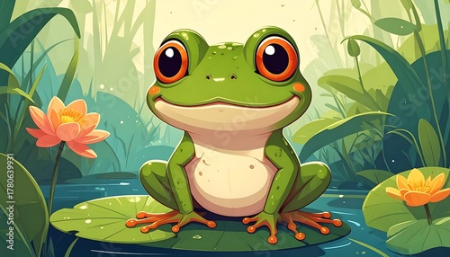 A cute cartoon frog with big eyes sits on a lily pad in a pond, surrounded by water lilies and lush greenery