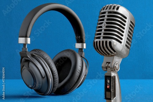 An illustration showcases headphones and microphone against a blue backdrop, conveying audio
