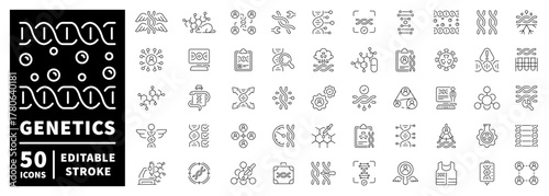Genetics icons set with editable line icons. outline, biological, science symbols