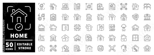 Home and real estate icons set. editable line icons, outline, vector symbols
