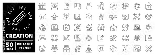 Creation vector icons. Editable line icons related to creativity, design, and media symbols