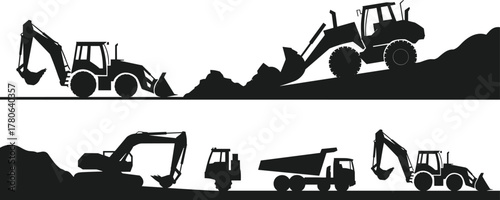 Silhouettes of construction vehicles, excavator, backhoe loader, dump truck, road roller, wheel loader, heavy machinery, earthmoving equipment, industrial worksite, engineering