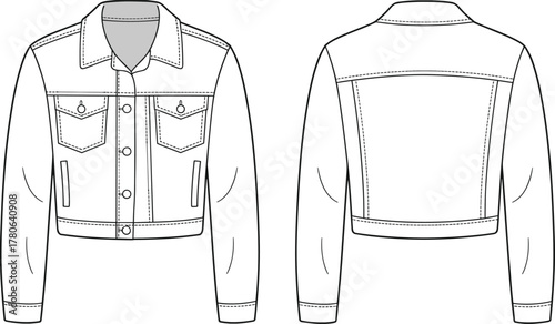 Denim jacket flat sketch, front and back view, casual outerwear design, unisex fashion apparel vector template