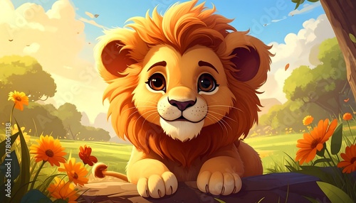A cute, cartoon lion cub sits in a sunny meadow. Bright sunlight shines on the happy creature among orange flowers
