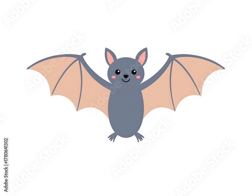 A cute, cartoonish bat with wide wings and a happy expression, displayed on a clean white background