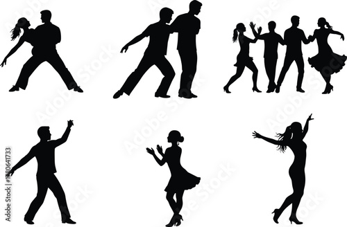 Black silhouettes of dancers performing partner and solo moves, energetic social dance poses in vector illustration representing rhythm and celebration