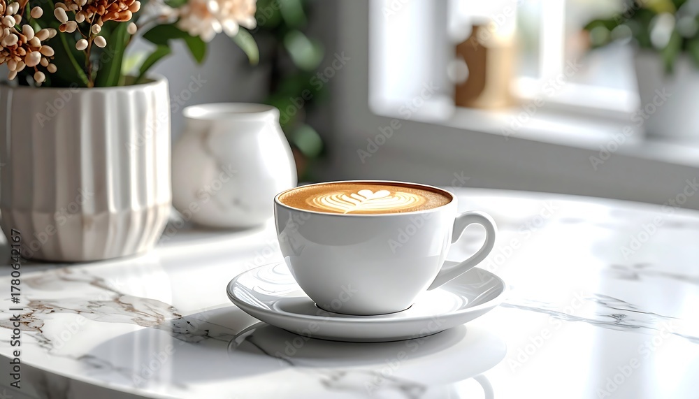 Fototapeta premium Latte art in white cup on marble counter, flowers, window in background, bright, warm scene