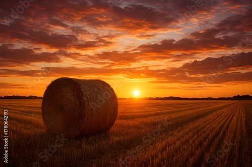 Harvested Wheat Field with Single Hay Bale
