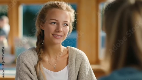 female mentor encouraging young woman at rehabilitation center soft daylight supportive conversation mental health resilience three quarter wide angle cinematic color correction