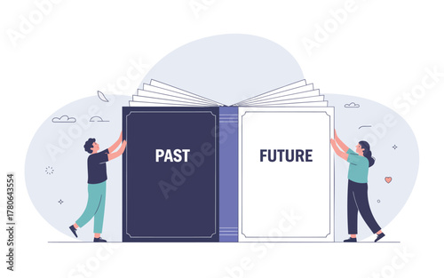 Man and woman holding open book with past and future pages symbolizing life journey and choices