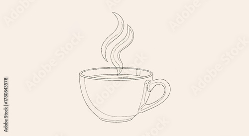 Steaming Hot Beverage in a Minimalist Line Art Coffee Cup.