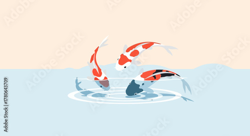 Three vibrant koi fish swimming gracefully in a clear pond, showcasing their beautiful patterns.
