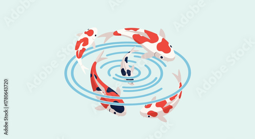 Three vibrant koi fish swimming in a circular pattern, creating ripples in the water.