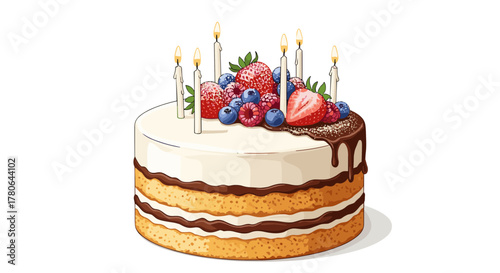 Celebratory Cake with Berries and Candles - Sweet Treat Illustration