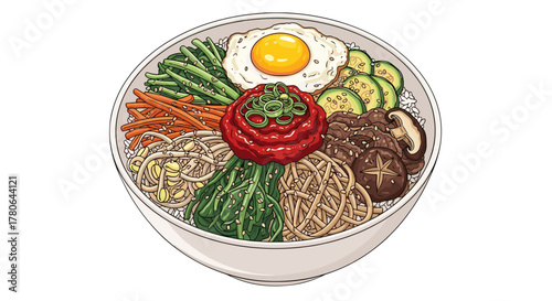 Vibrant Bibimbap Bowl Illustration with Fresh Vegetables and Egg Topping