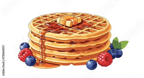 Stack of golden waffles with butter, syrup, and berries on a white background