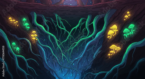 Vibrant Bioluminescent Fungi and Intricate Root Systems in a Mystical Underground Cavern.
