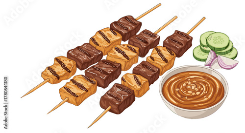 Delicious grilled satay skewers with savory peanut sauce and fresh cucumber