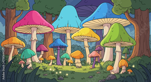 Vibrant Fantasy Mushroom Forest with Colorful Fungi.