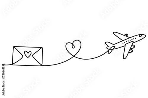 Continuous one line drawing of love letter and airplane illustration
