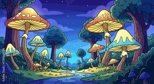 Vibrant Fantasy Mushroom Forest with Glowing Fungi and Mystical Stream.