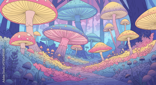 Vibrant fantasy mushroom forest with glowing pastel colors and whimsical flora.