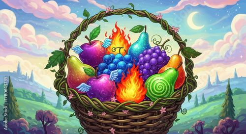 Vibrant Fruit Basket with Fiery Accents.