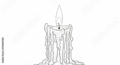 Melting Wax Candle with Burning Flame Line Art.